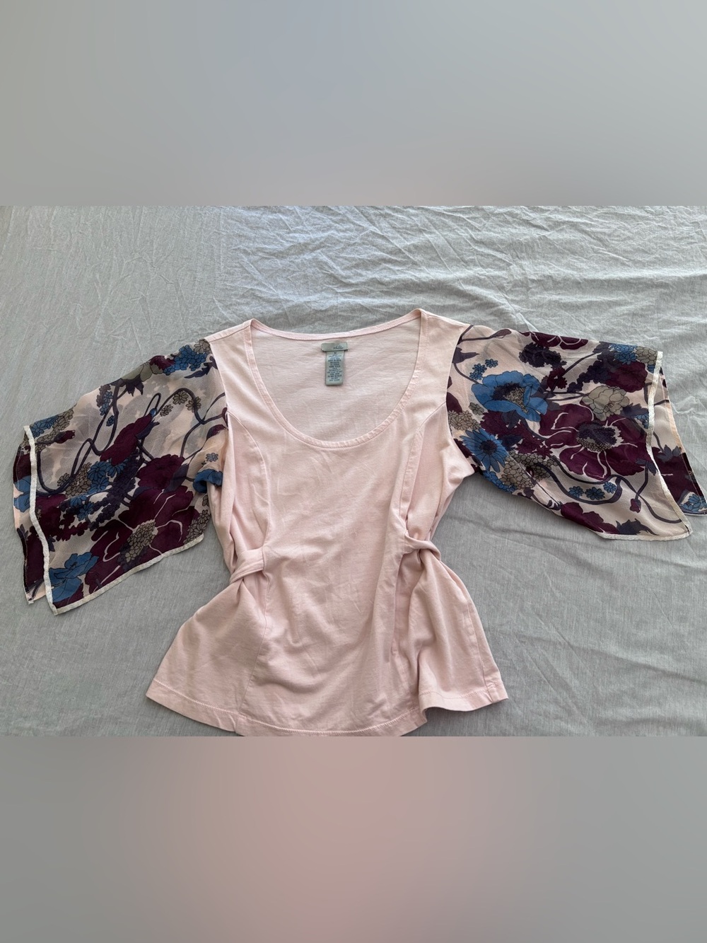 Anthropologie Odille Light Pink Scoop Neck Top w/ silky Floral Contrast Sleeves